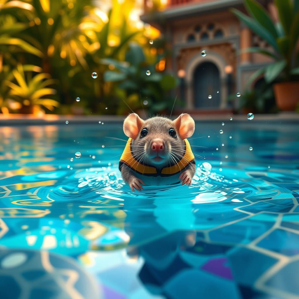 Charming Baby Rat Dives into Vibrant Pool Paradise