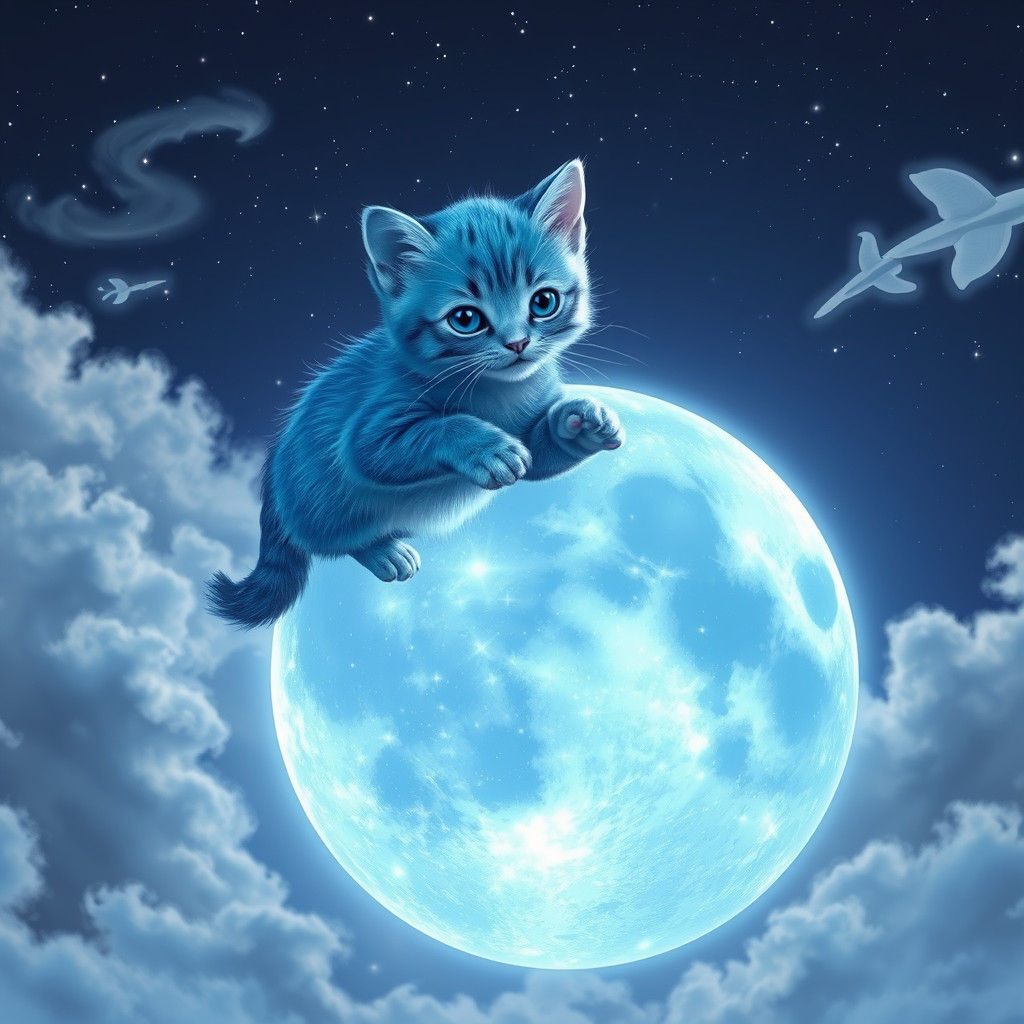 Blue Tabby Kitten Jumps Over Luminous Moon