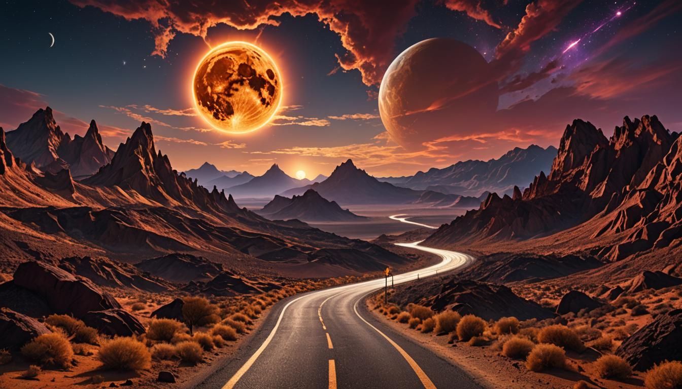 Desert Road with Psychedelic Moon, in LaChapelle Style