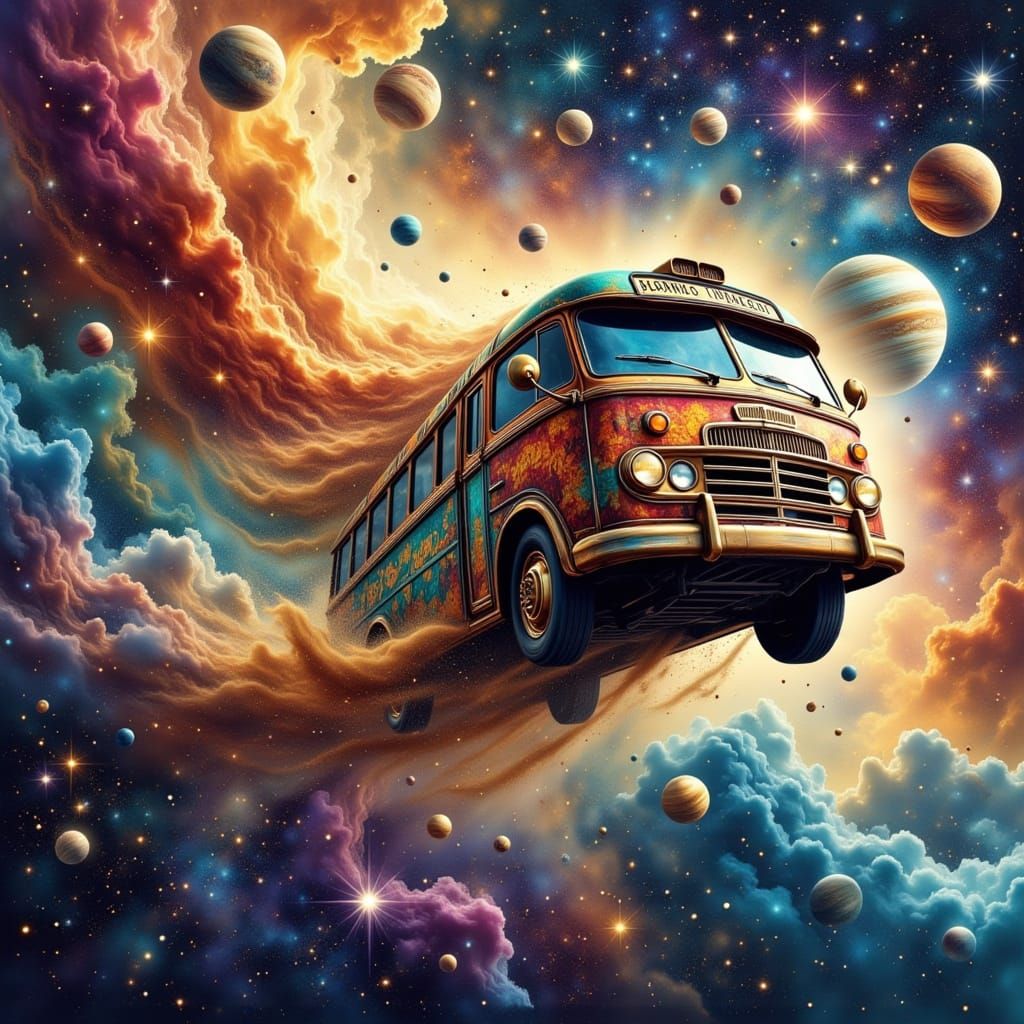 Vintage Bus Soars Through Cosmic Nebula in Surreal Style
