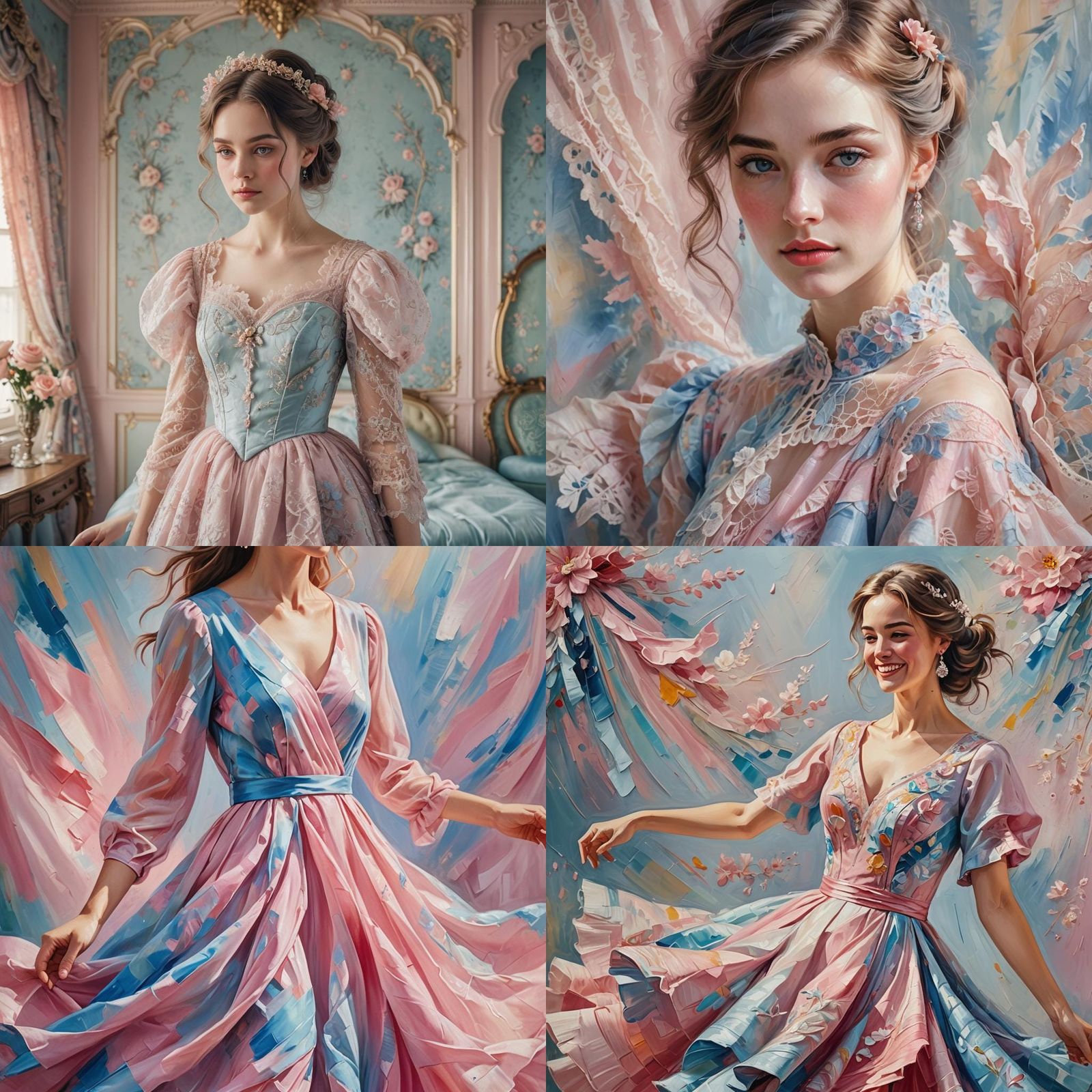 Girl in Charming Pink and Blue Fashion Dress