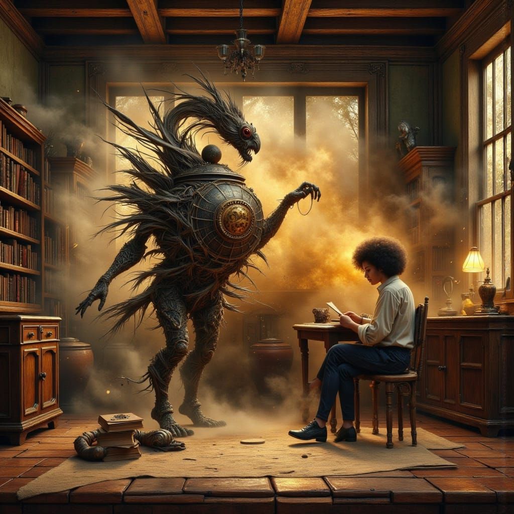 Weathered Teapot with Golden Monocle in Rustic Kitchen