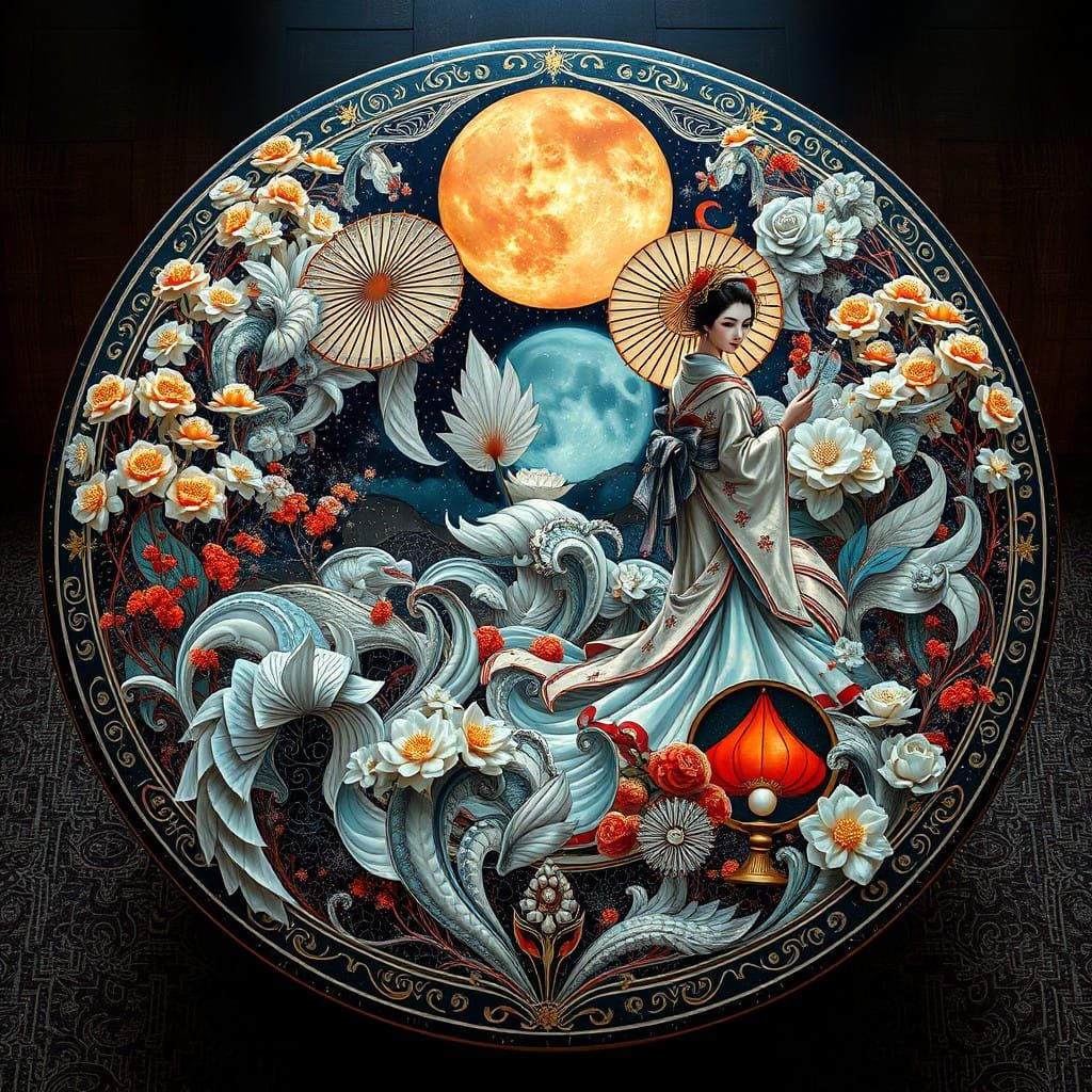 Surreal Geisha Enchantress in Vibrant Cosmic Art Deco