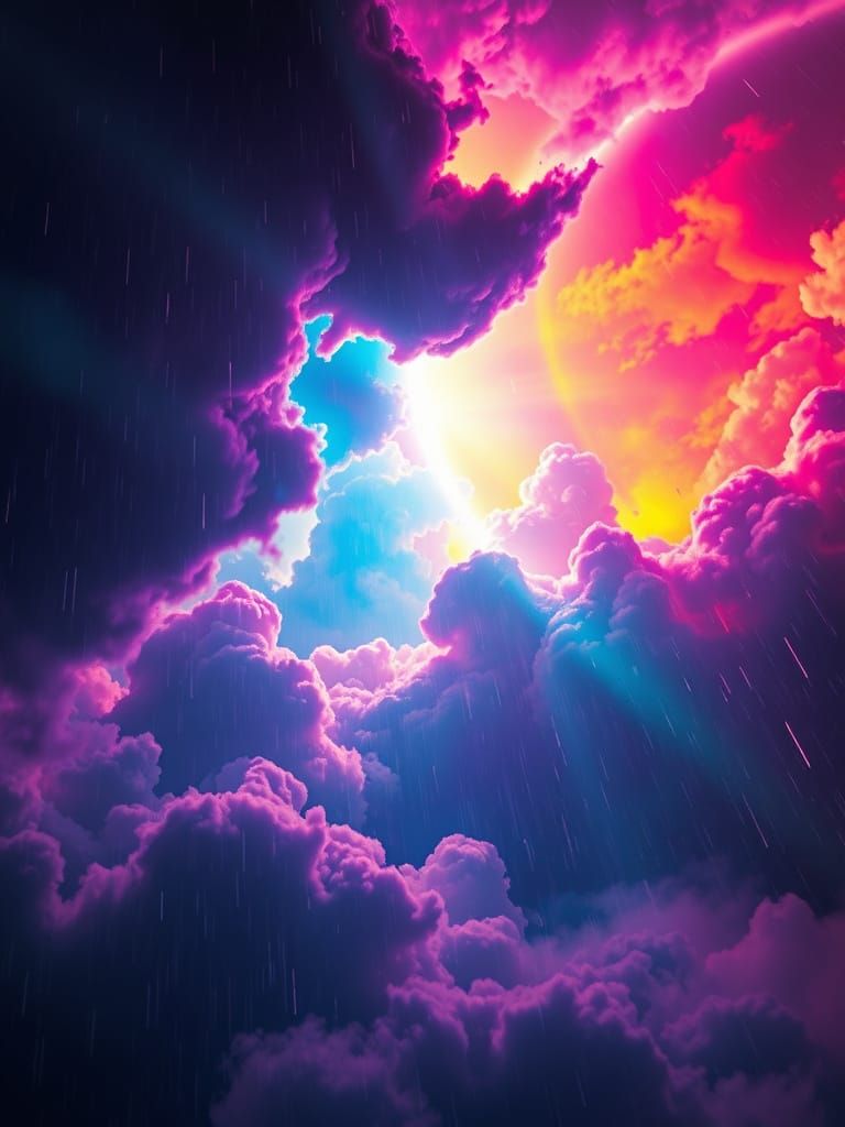 Neon Rainbow Sunlight Through Storm Clouds