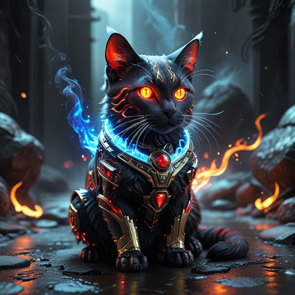 Cyberpunk Holographic Cat in Fiery Radiance