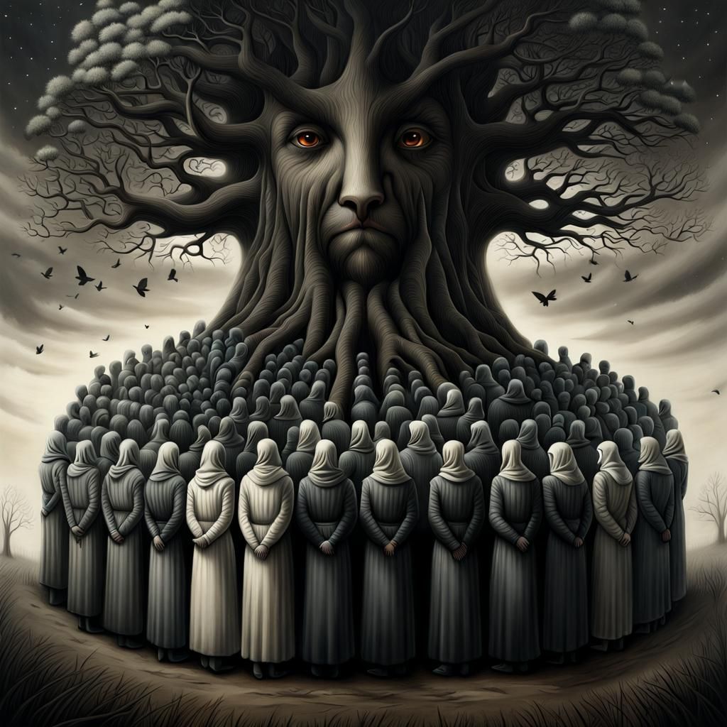 Souls Gather Around Mystical Tree in Hyperdetailed Style