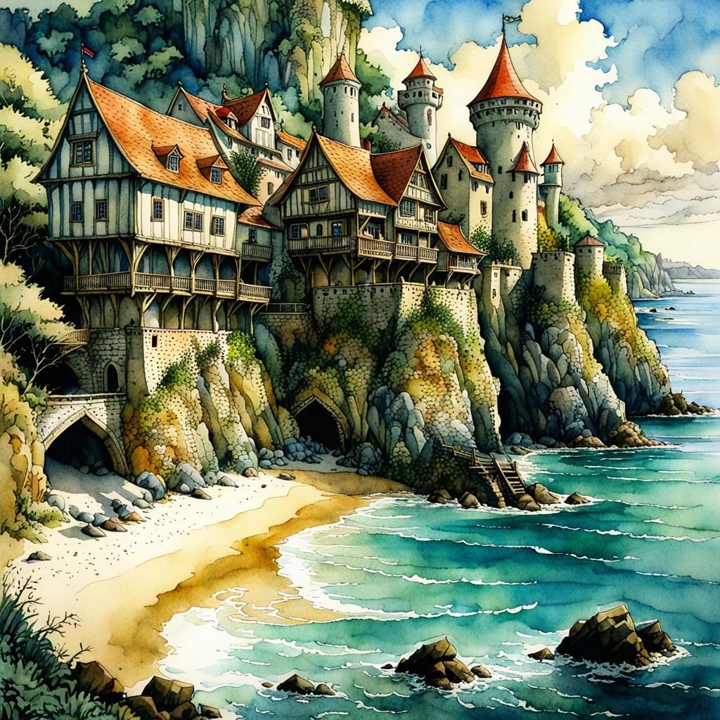 Medieval Seashore Landscape in Watercolor Style