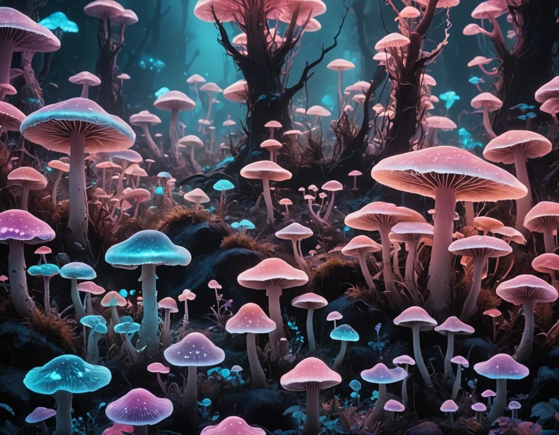 Bioluminescent Ecosystem with Glowing Mushrooms, Fantasy Con...