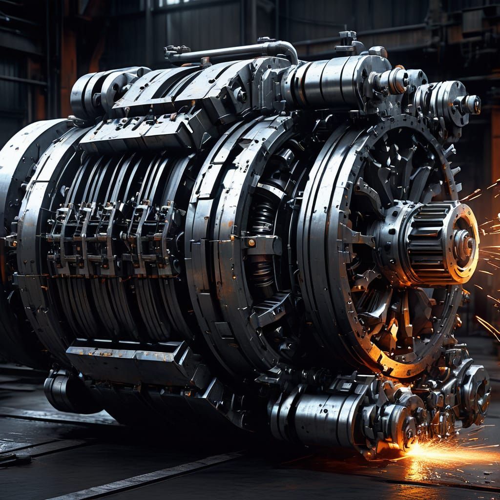 Industrial concept art. Medium shot. A massive juggernaut en...