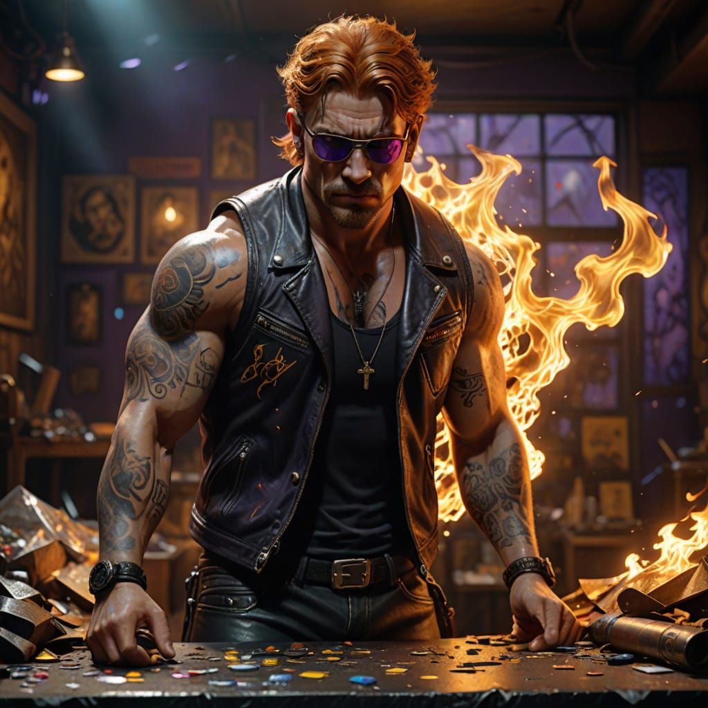 Wrestler Action Figure with Flame Tattoos in Dark Fantasy