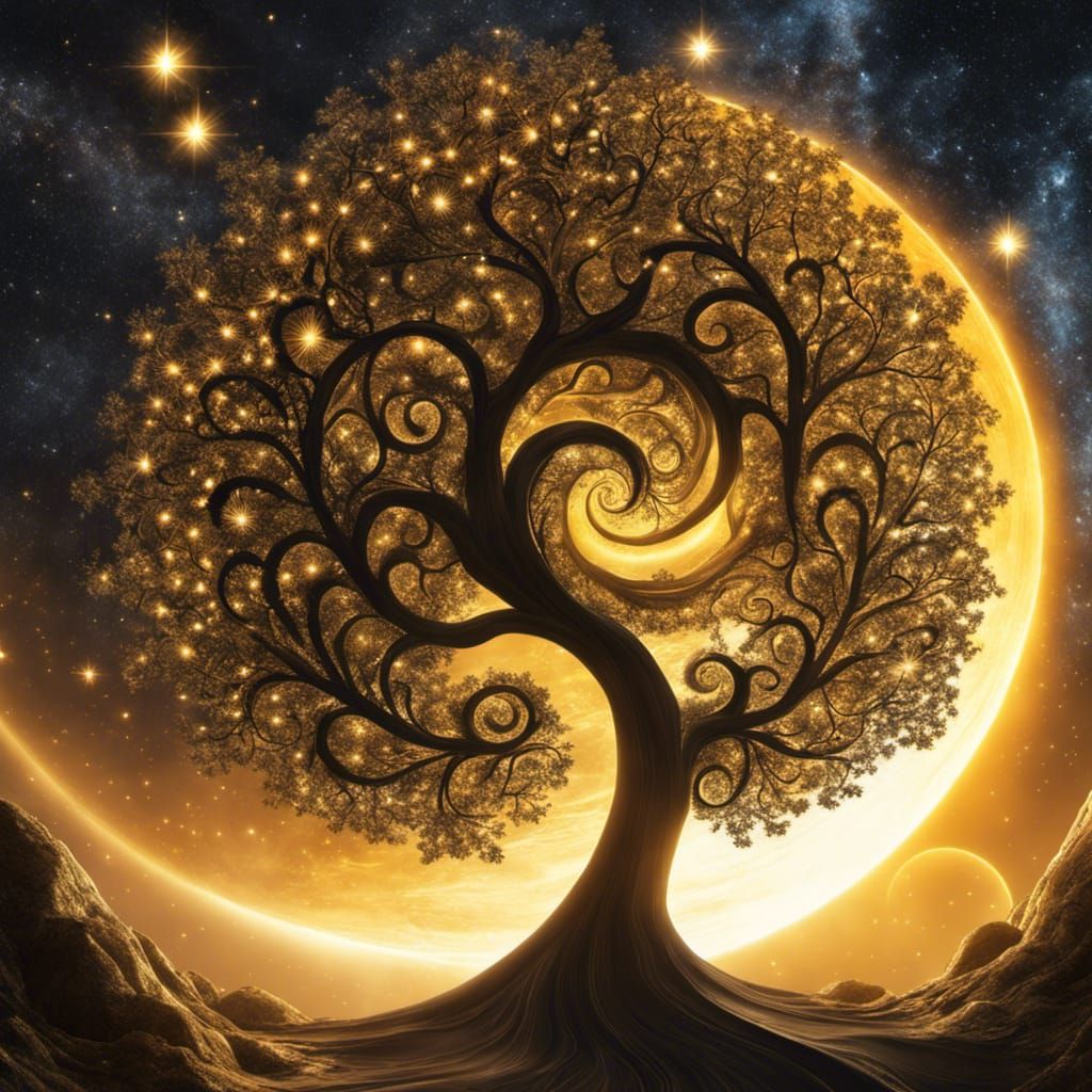 Glitter Fractal Tree Under Astral Swirling Sun