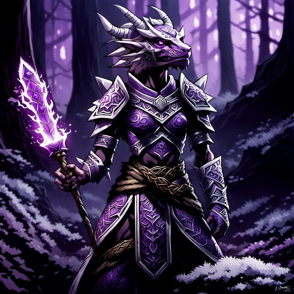 Amethyst Dragonborn Druid in Anime Style