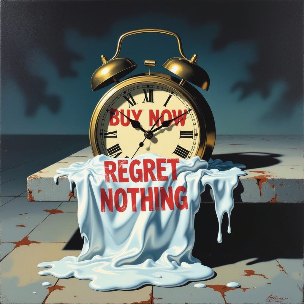 Surreal Melting Clock with Bold Text in Oil Painting Style