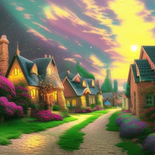 Whimsical Fantasy Village in Dreamy Light