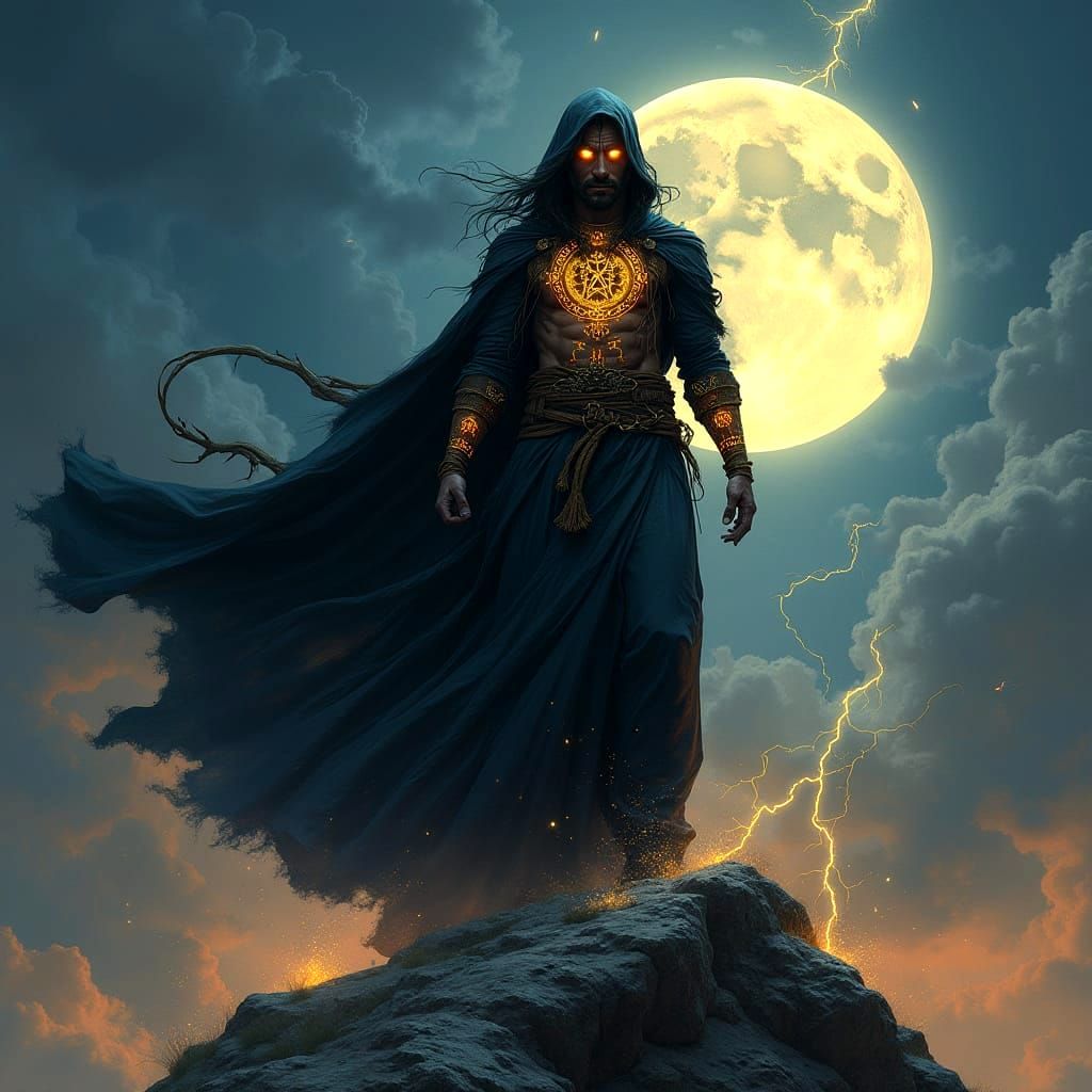 Sorcerer on Windswept Peak in Dark Fantasy Style