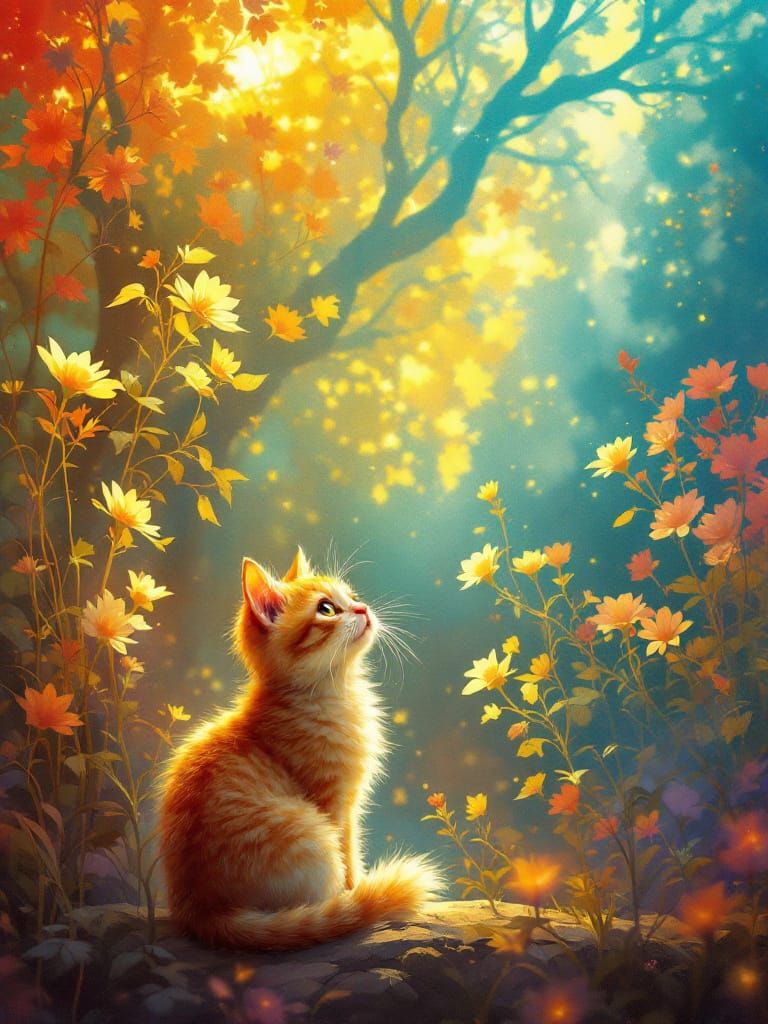 Ethereal Cat in Enchanted Forest: A Luminous Masterpiece