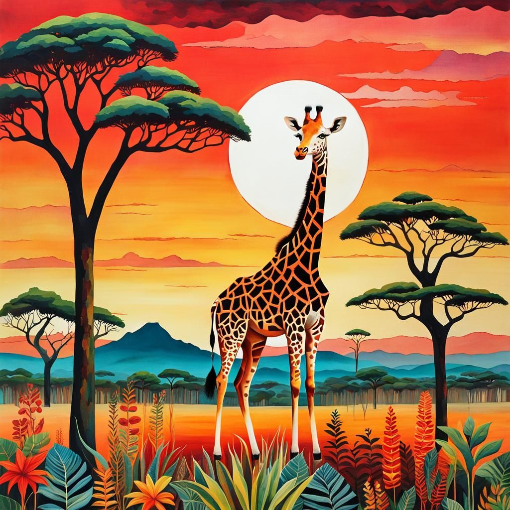 Surreal Giraffe Sunset: Decoupage Collage in Africa