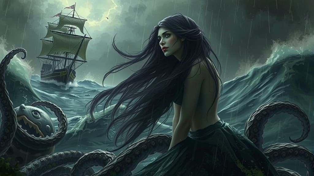 Gothic Mermaid in Dark Stormy Seas