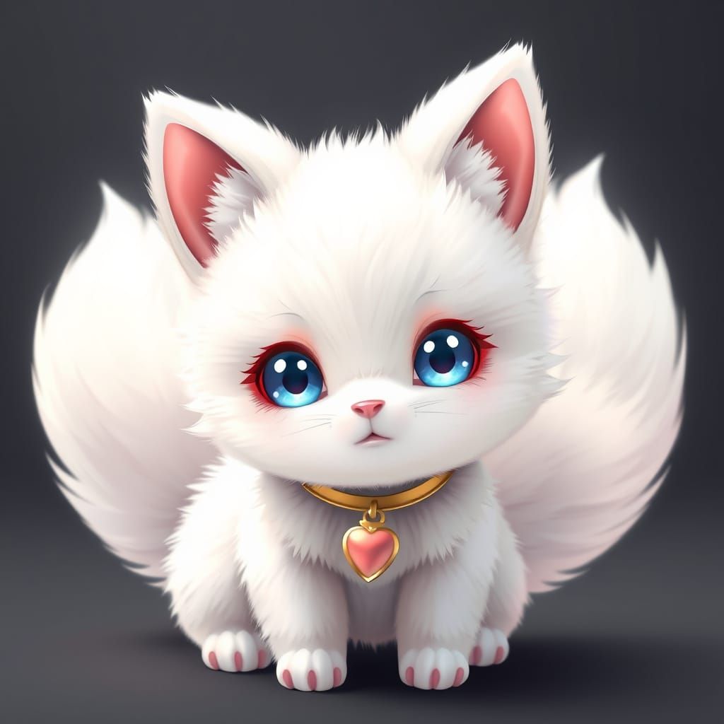 Whimsical White Kitsune Baby with Fluffy Tails and Golden Co...