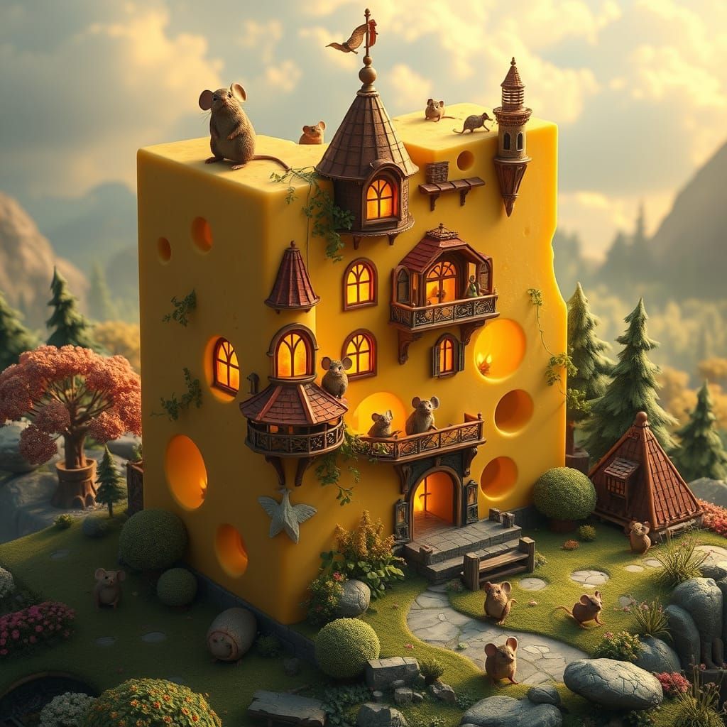 Whimsical Cheese Cityscape in Hyperrealistic Style