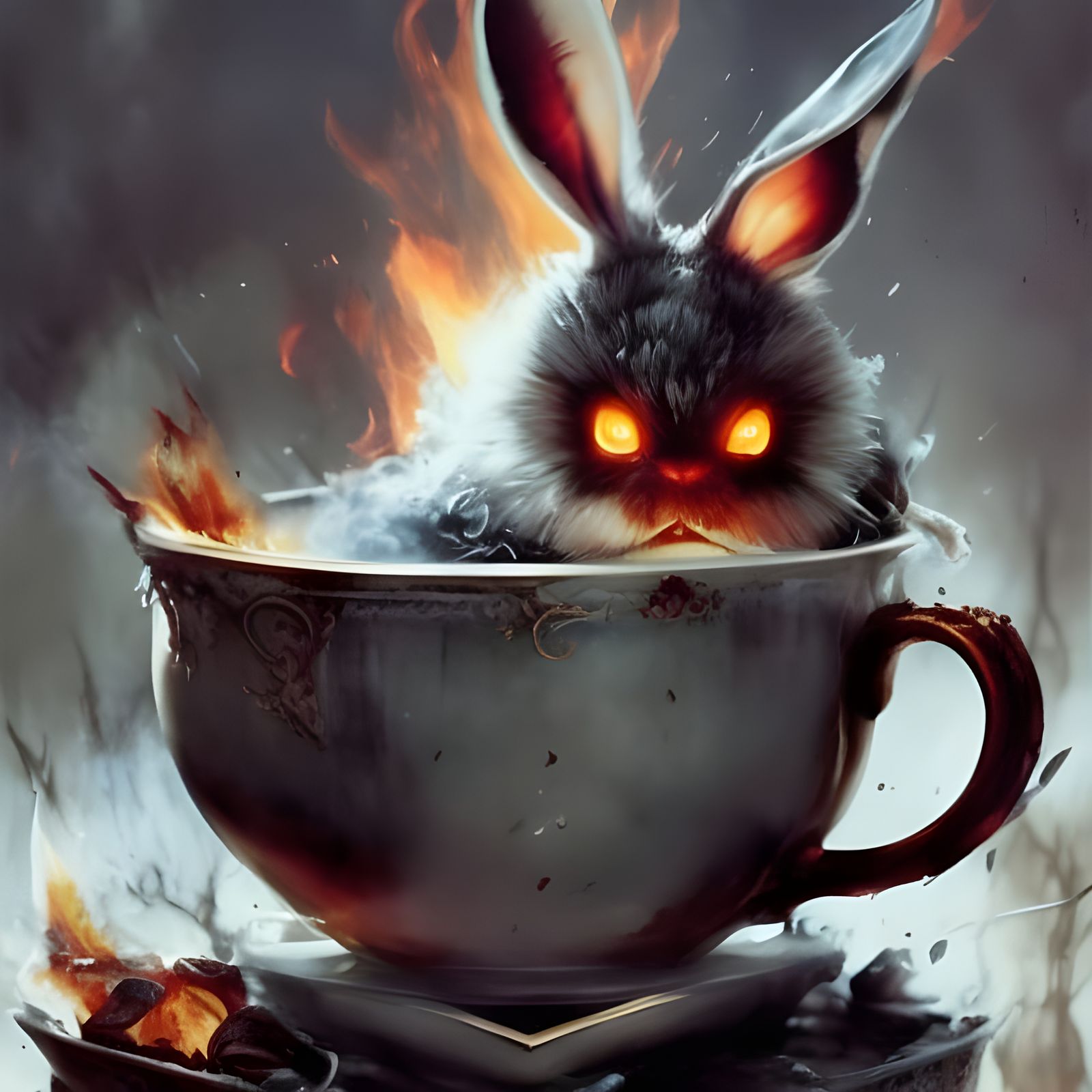 Scared Bunny in Burning Teacup: Dark Fantasy Art