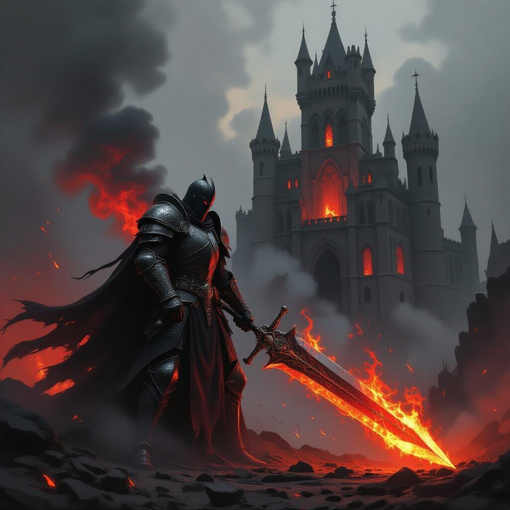 Fearsome Knight Wielding Flaming Sword in Ruined Castle
