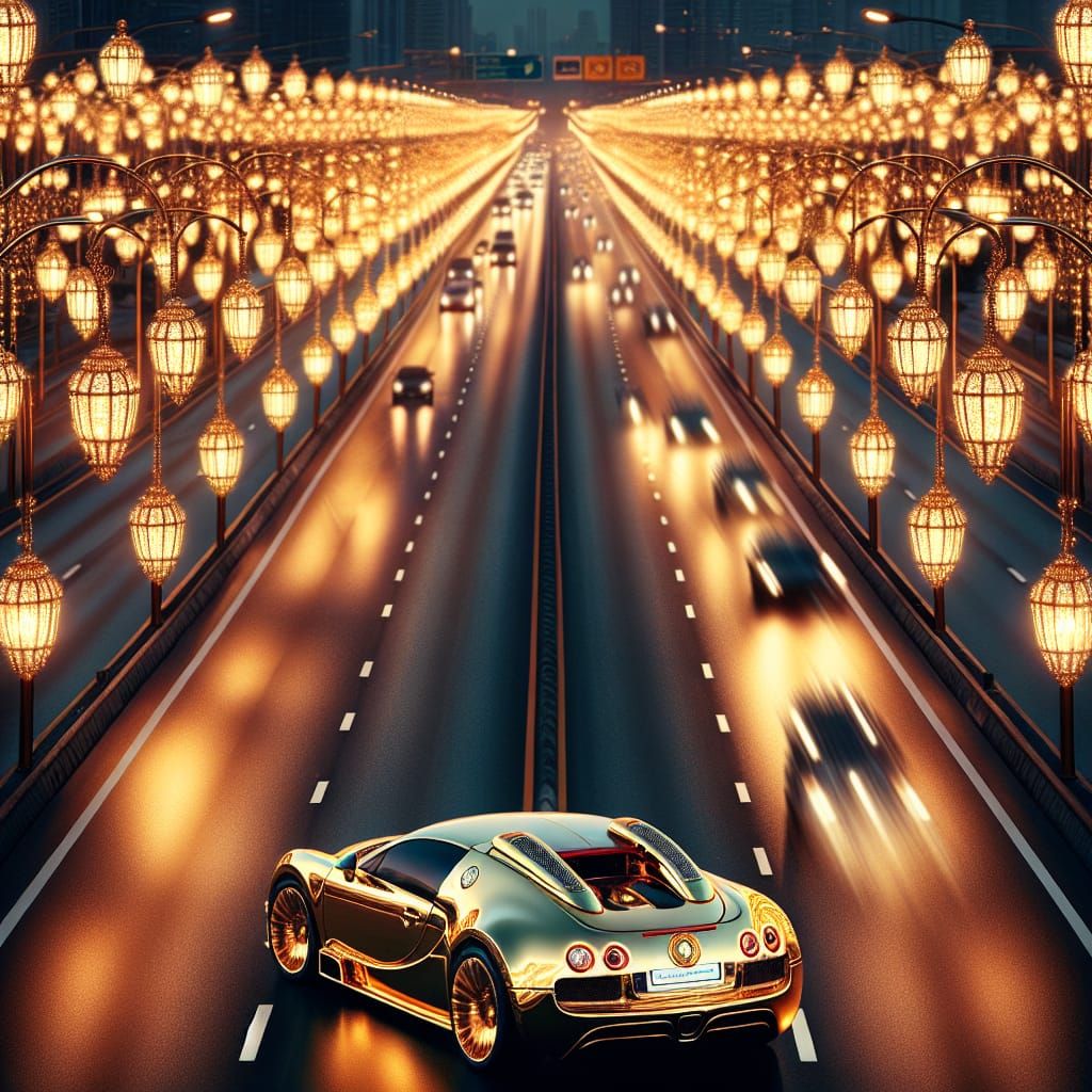 Golden Car on Highway with Giant Lanterns