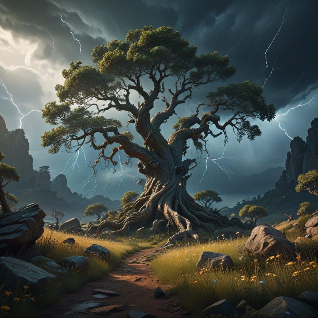 Ethereal Baroque Landscape with Gnarled Tree and Turbulent S...