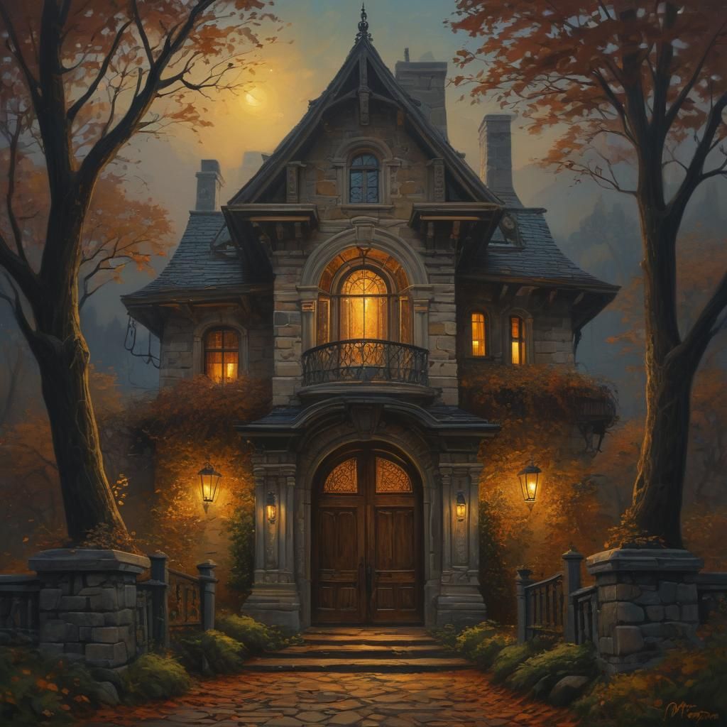 Mysterious House Entrance at Dusk, Rembrandt-Inspired Painti...