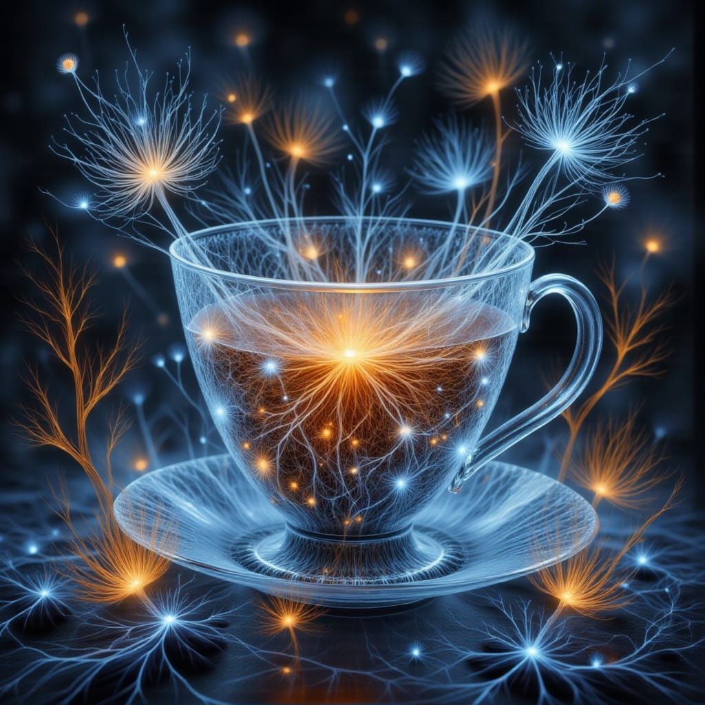 Bioluminescent Mycelial Networks Surround Delicate Teacup