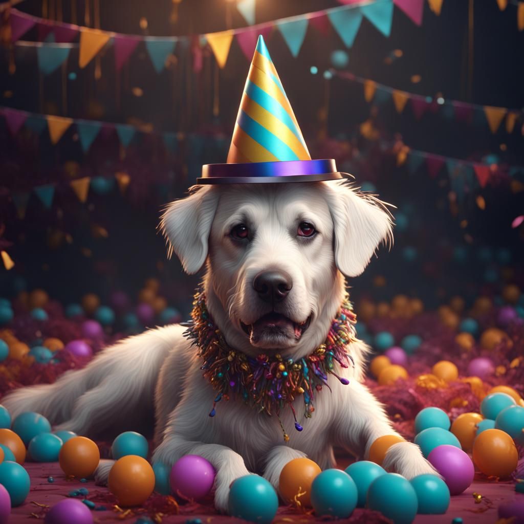 Dog Celebrates in Party Hat: Fantasy Concept Art