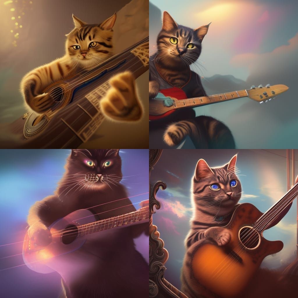 Fantastical Cat Plays Guitar: Detailed Matte Painting