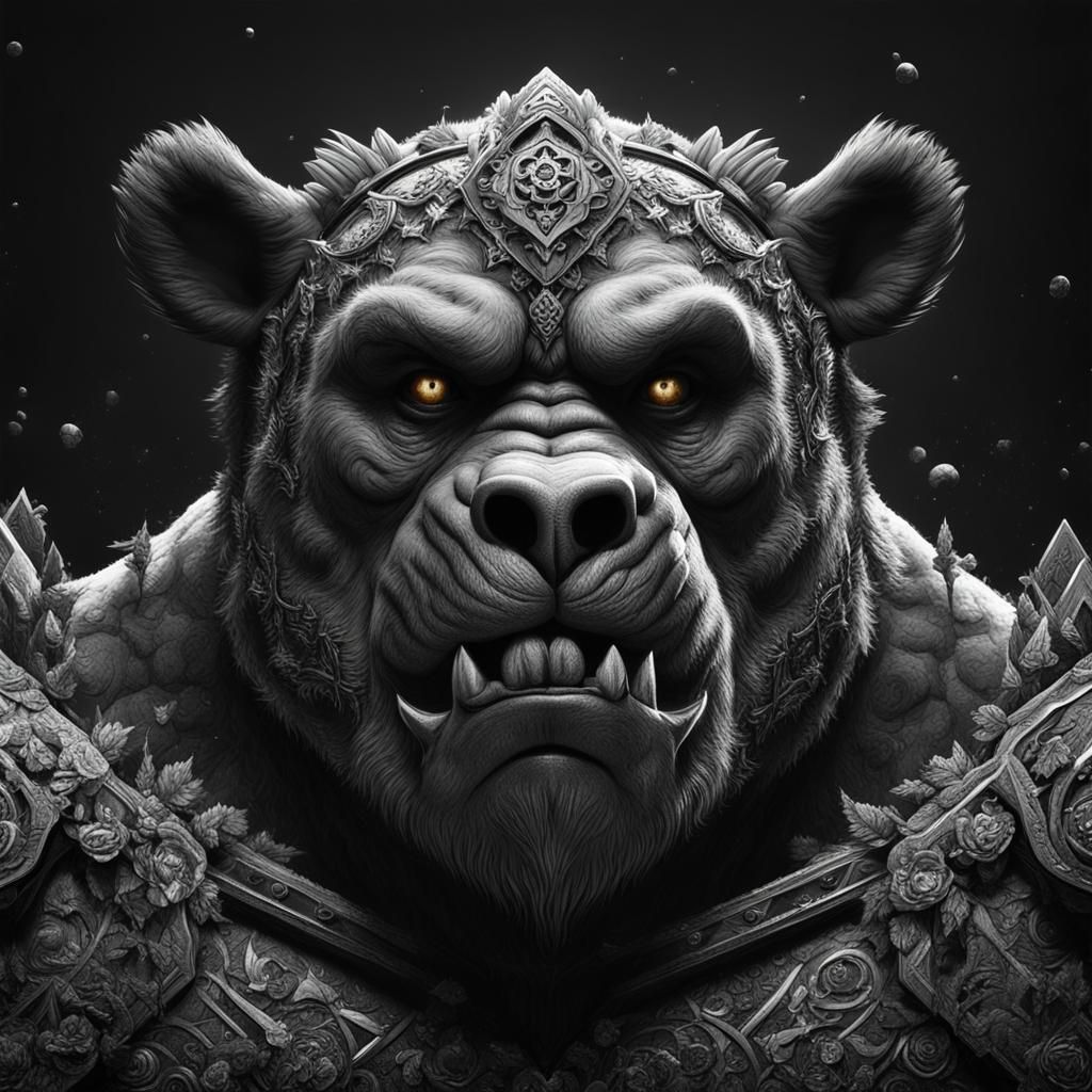 Fantastical Ogre-Bear Hybrid in Deep Black and White