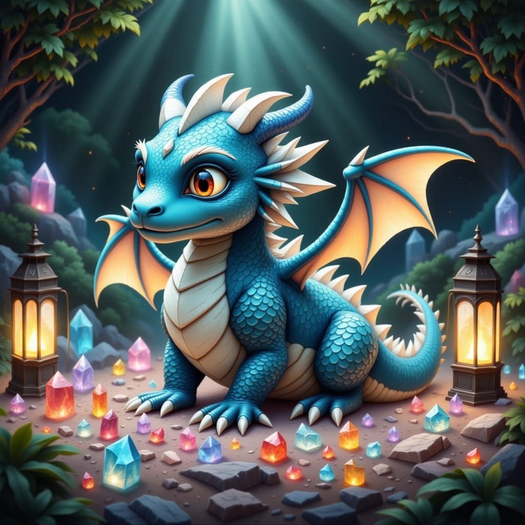 Chibi Dragon on Crystals with Warm Lantern Light