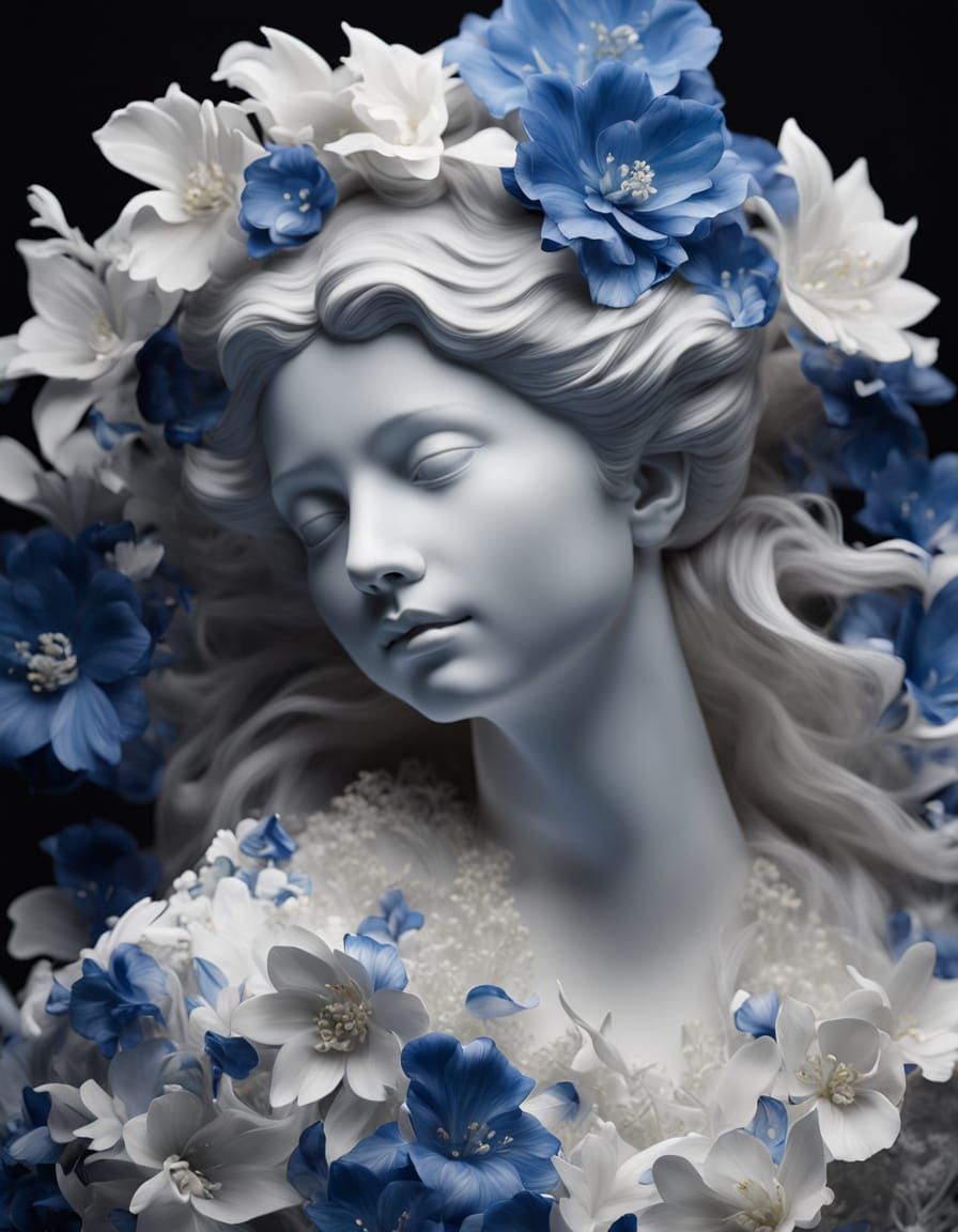 Mysterious Goddess Porcelain Sculpture with Blue Camouflage