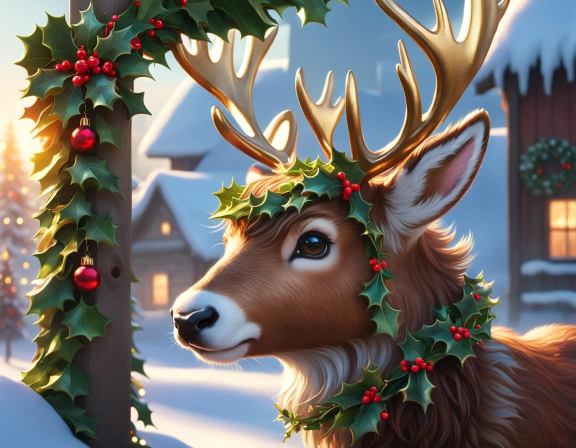 Fuzzy Reindeer Wears Garland in Christmas Village