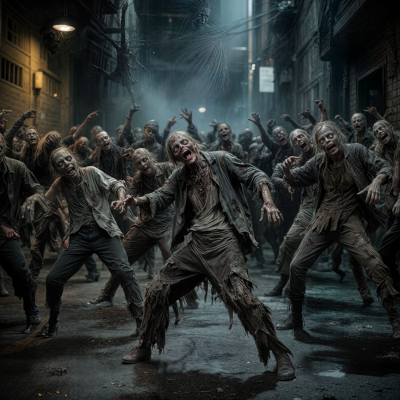 Hyperrealistic Zombie Dance in Moody Cinematic Style