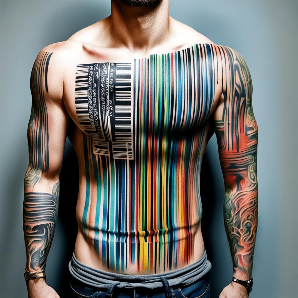 Man with Full Body Barcode Tattoo in Abstract Style