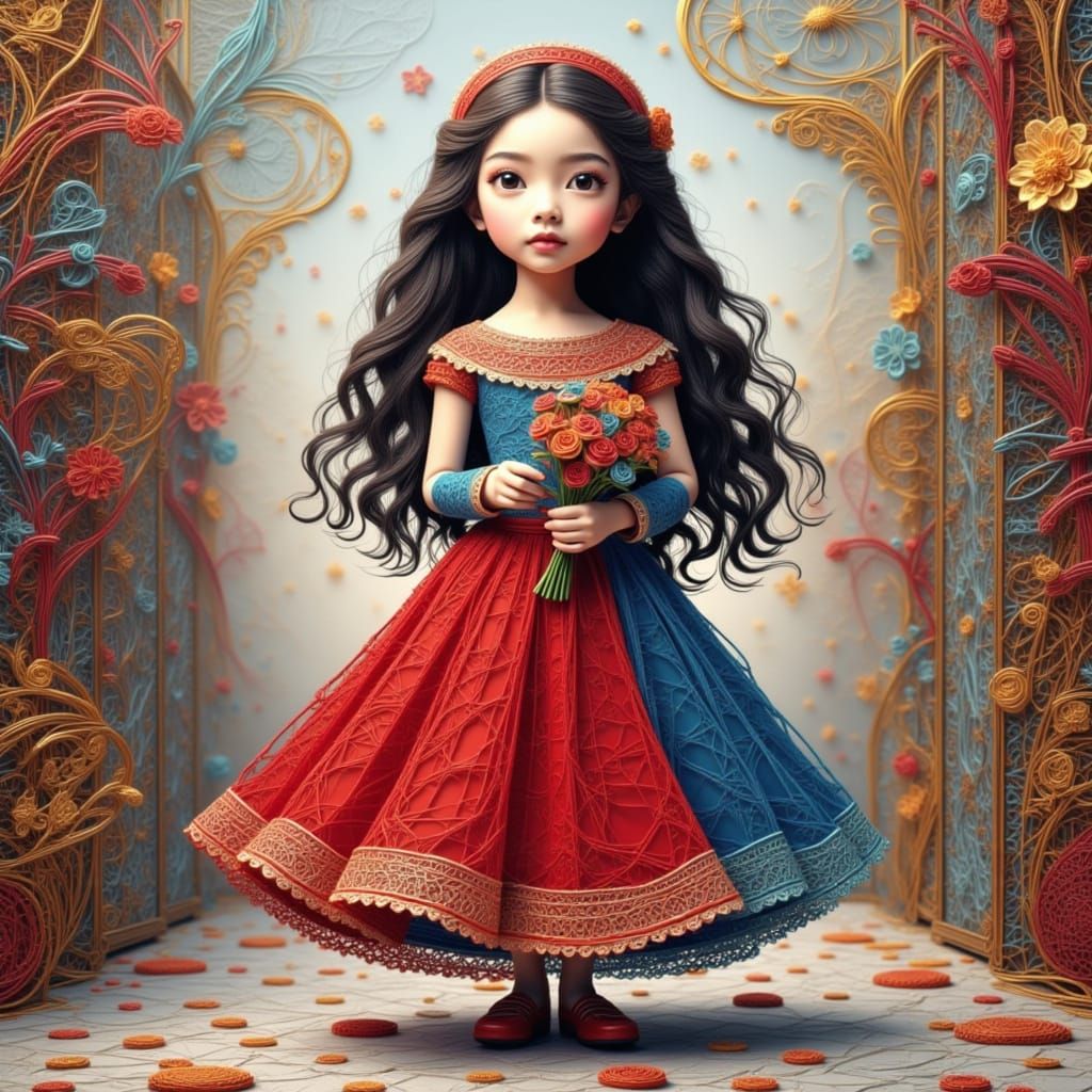 Clay Style Girl with Flowers in Cartoon Illustration Backgro...