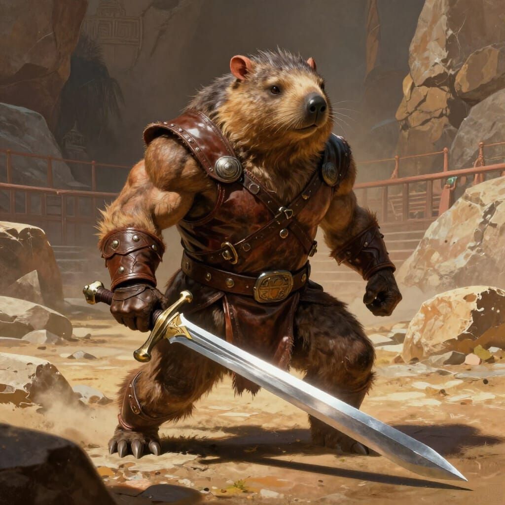 Muscular Wombat Warrior with Broadsword in Fantasy Art Style