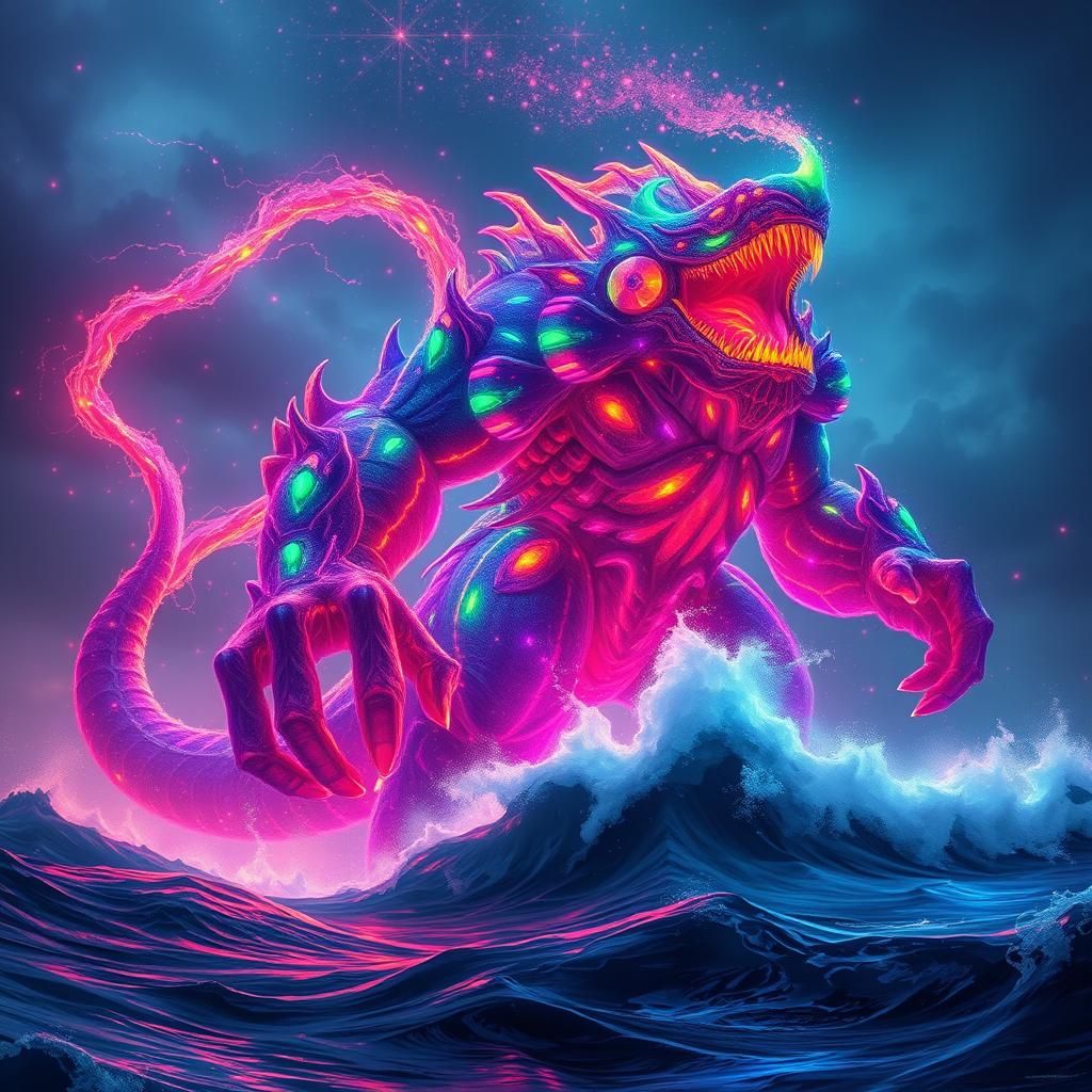 Colorful Light Titan on Tumultuous Ocean: Fantasy Art