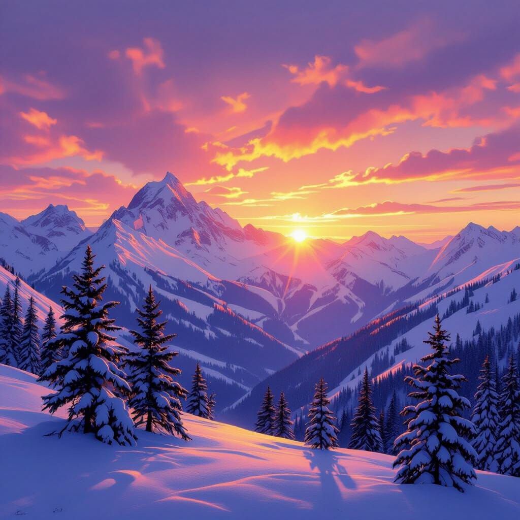 Magical Sunset Over Snowy Mountains with Golden Light