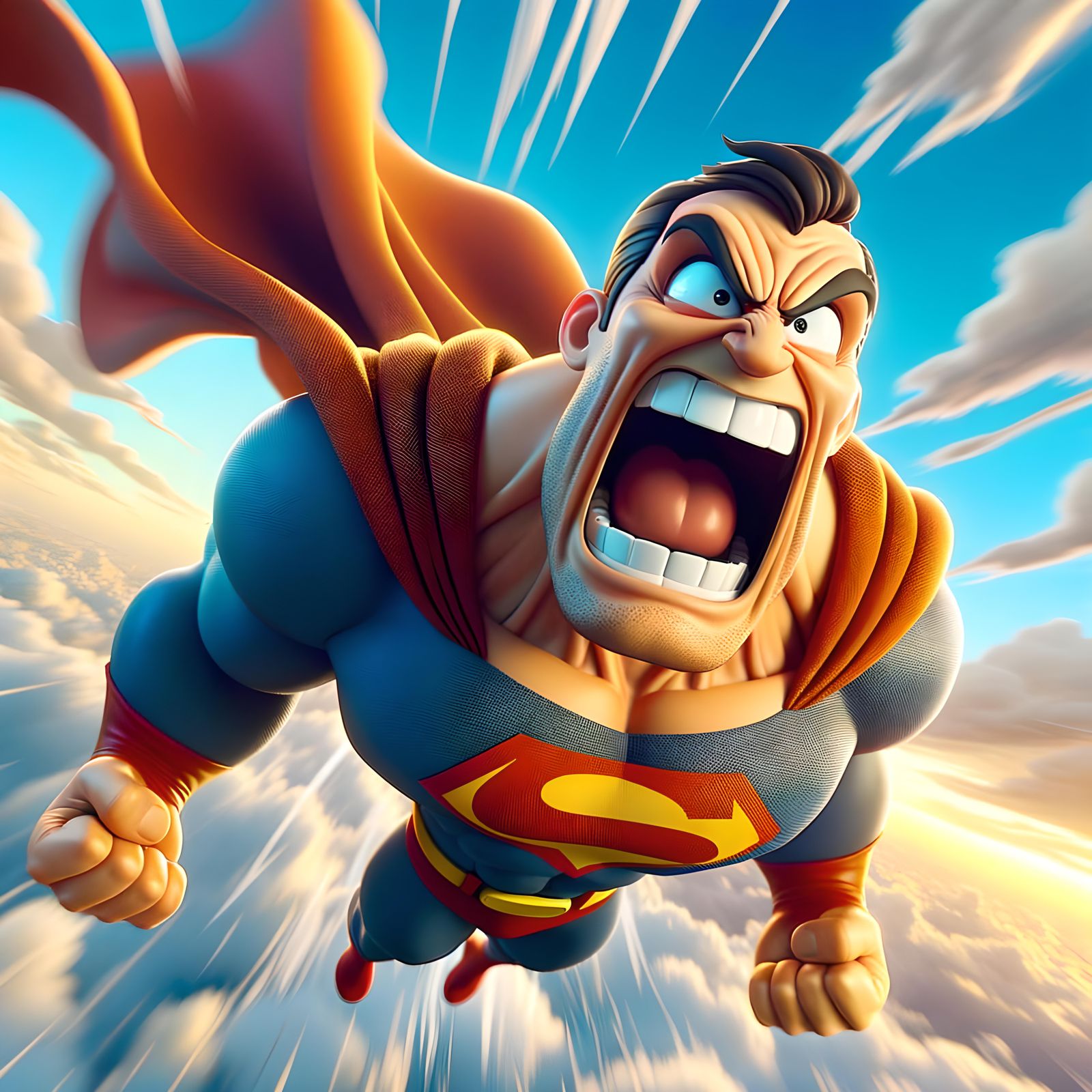Enraged Superhero Soaring Through Stormy Cartoon Sky