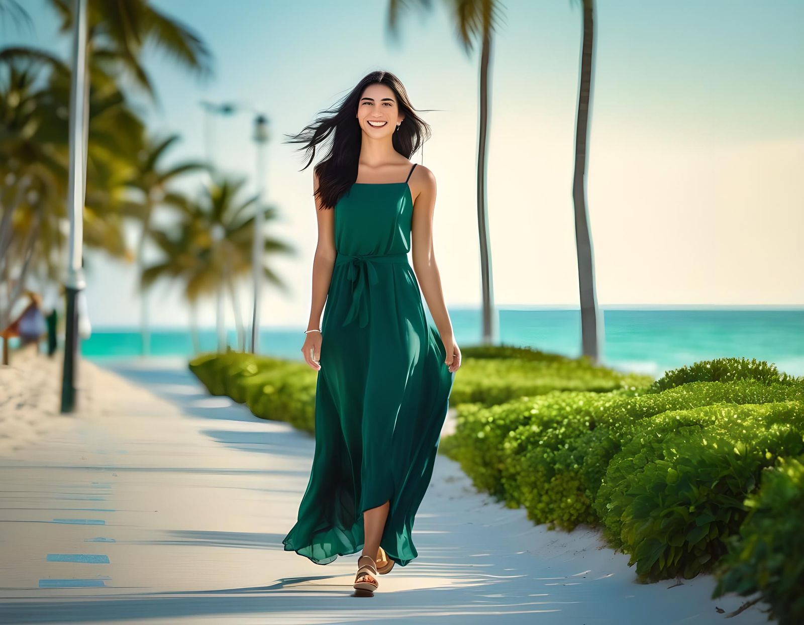 Smiling Brunette on Beach Sidewalk Photo, Bokeh Effect