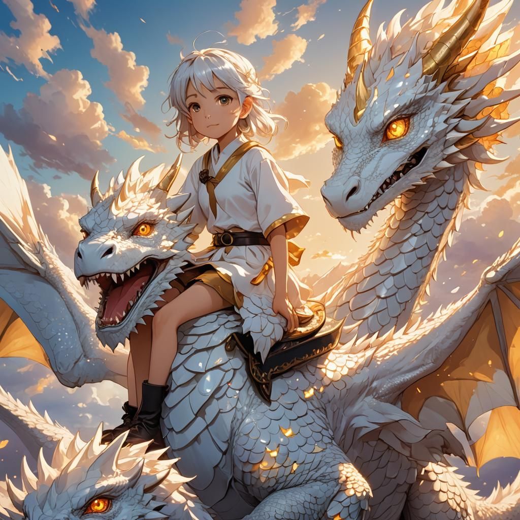 a little cute girl riding a fluffy and white dragon