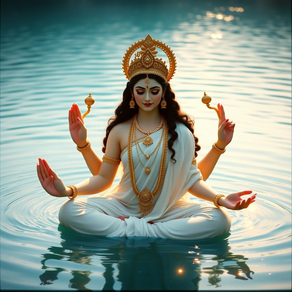 Serenely Seated Goddess in Majestic Blue Lake