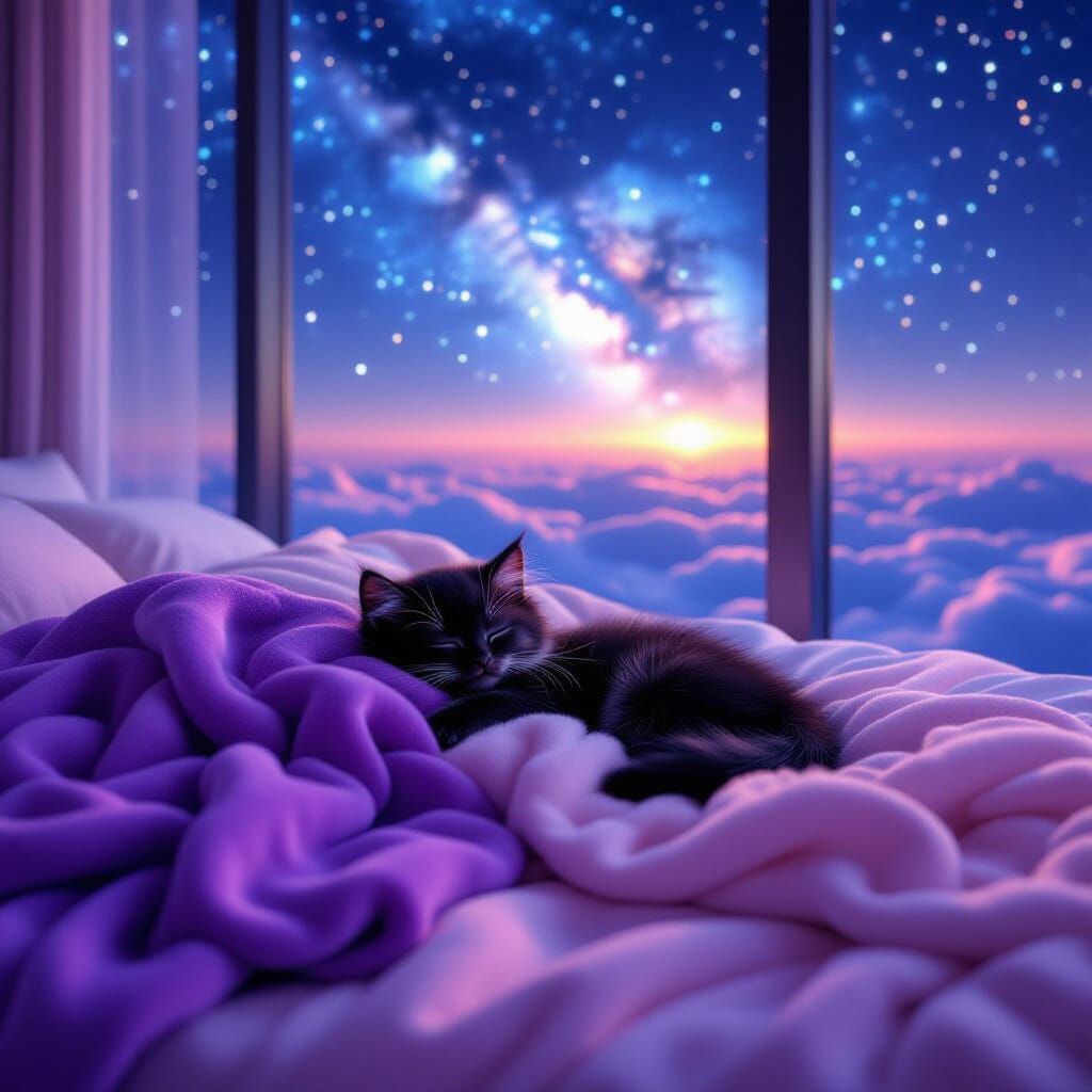 Sleeping Kitten in Luxurious Bed with Cosmic View