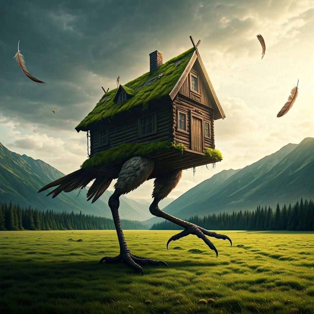 Whimsical Bird House in Flight Through a Meadow