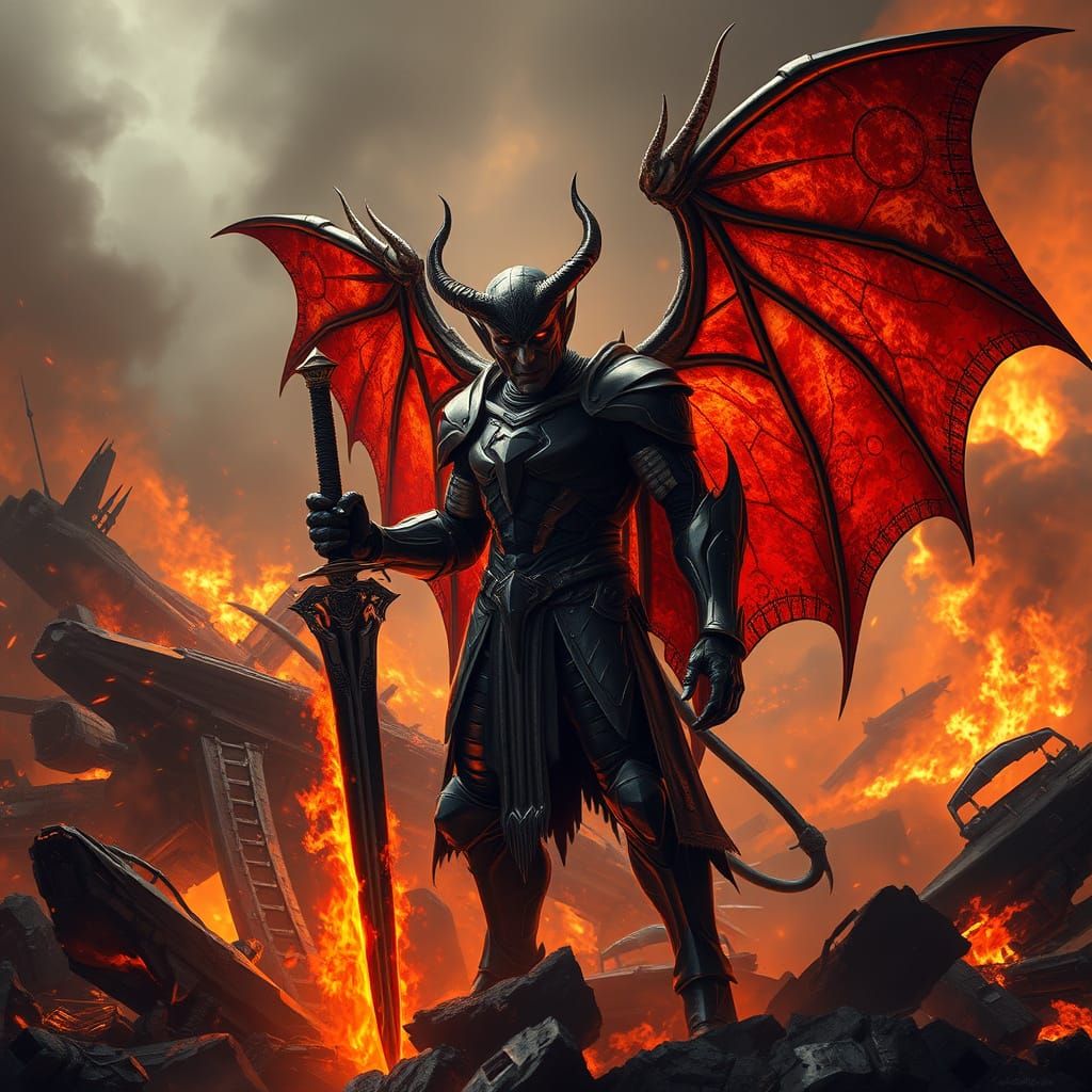 Futuristic Devil Amidst Burning Spaceship Wreckage