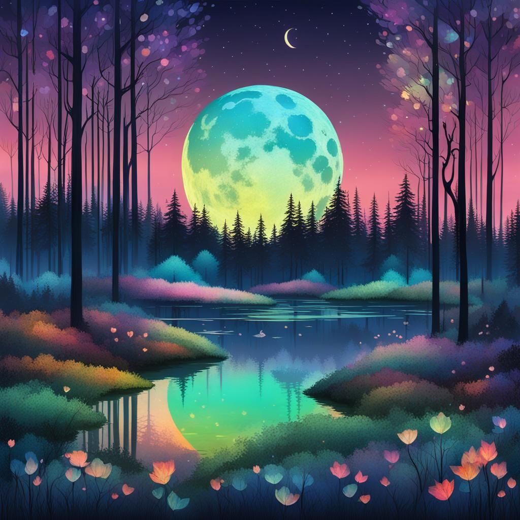 Iridescent Moon Over Abstract Forest Poster